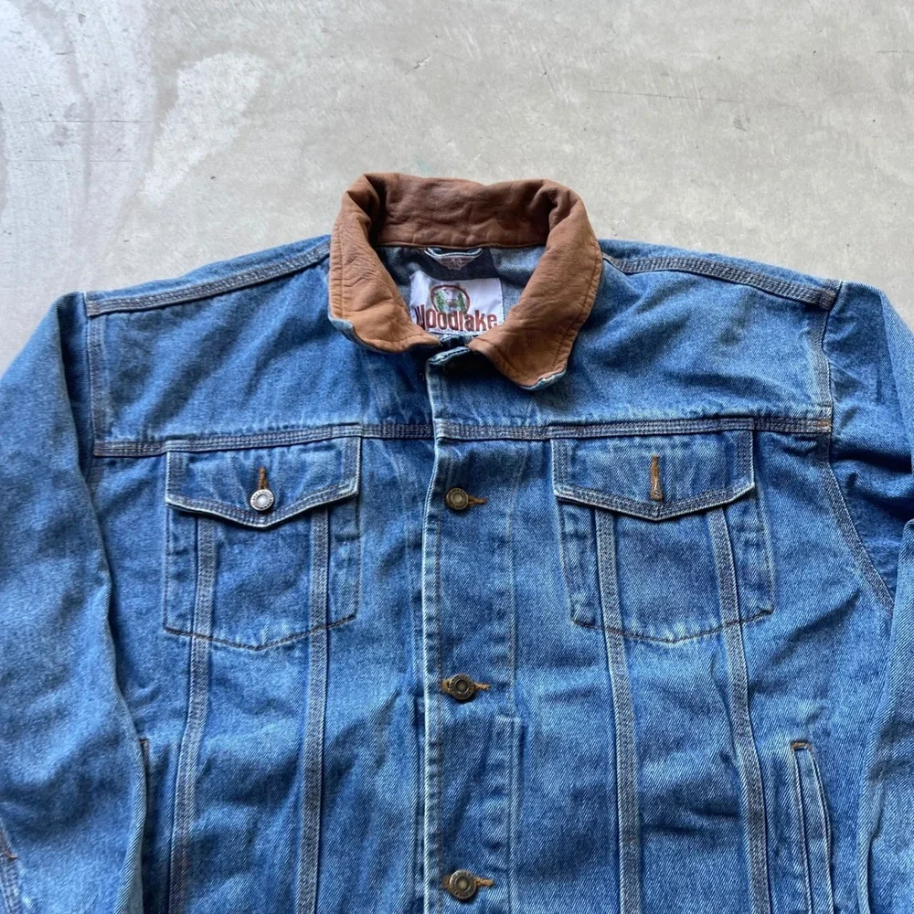 Woodlake Mens Denim Trucker Jacket Blue Medium Wash Leather Collar Large L